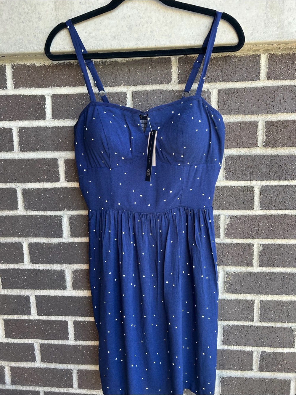 As U Wish Navy Blue Polka Dot Midi Dress with Spaghetti Straps / Size Large